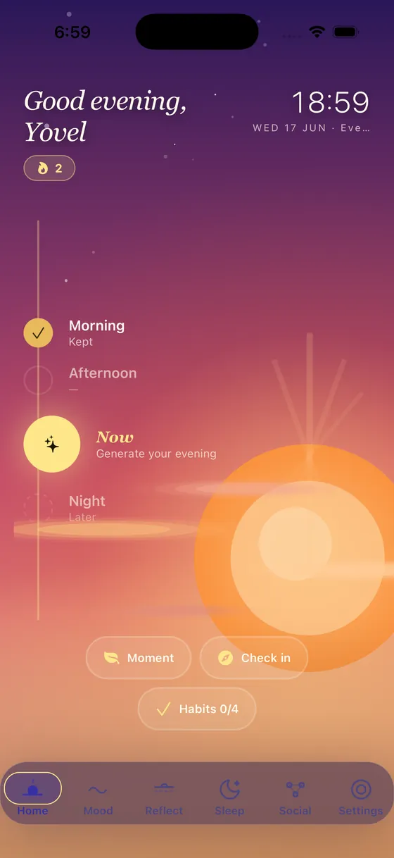 Yovel Home screen in the evening: the greeting ‘Good evening, Yovel’ over a warm dusk sky, with a gentle day path — Morning kept, Afternoon, Now: generate your evening, Night later — and Moment, Check in and Habits buttons.