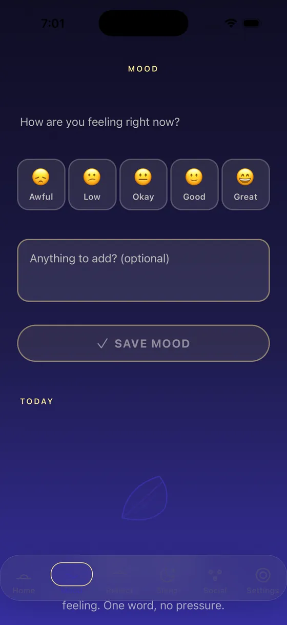 Yovel Mood screen: ‘How are you feeling right now?’ with five choices — Awful, Low, Okay, Good, Great — an optional note field, and a Save mood button.