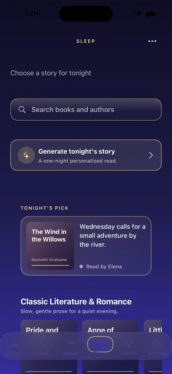 Yovel Sleep screen: ‘Choose a story for tonight’, a search field, a ‘Generate tonight’s story’ button, and ‘Tonight’s pick — The Wind in the Willows by Kenneth Grahame, read by Elena’, above a Classic Literature library.